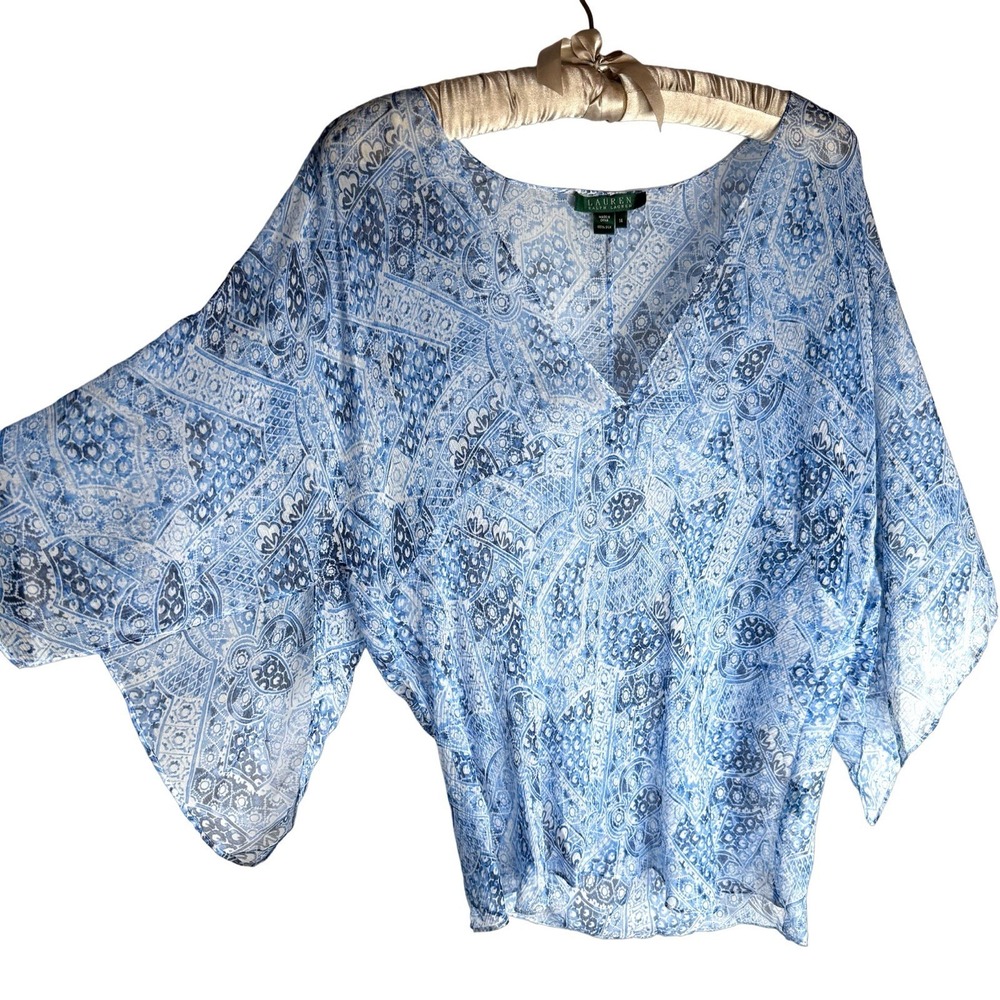 LRL Ralph Lauren Size 14 %100 Silk Sheer Chiffon Babydoll Blouse Top Swim Cover - Picture 3 of 7